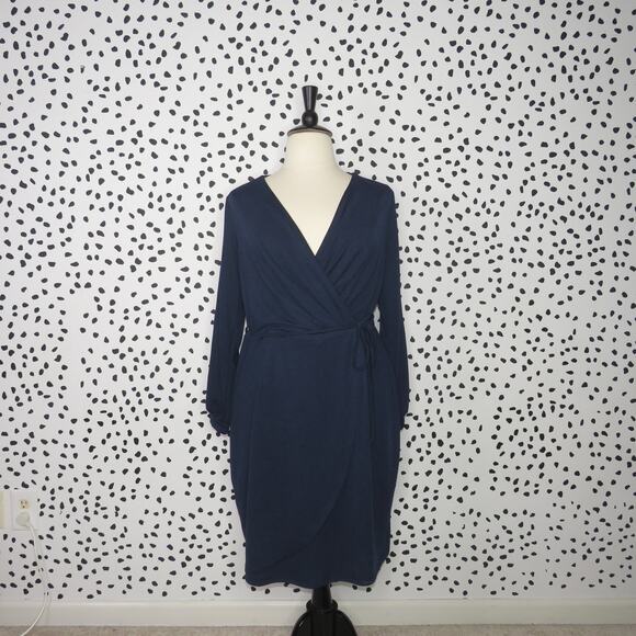 City Chic Navy Mia Long Split Sleeve Faux Wrap Dress - Picture 3 of 11